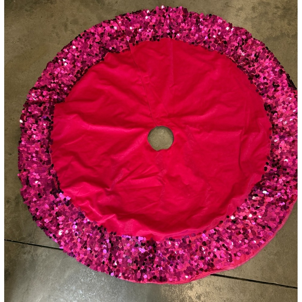 Hot Pink Sequin Christmas Tree Skirt 48" Glam Holiday‎ Decor Sparkly Festive